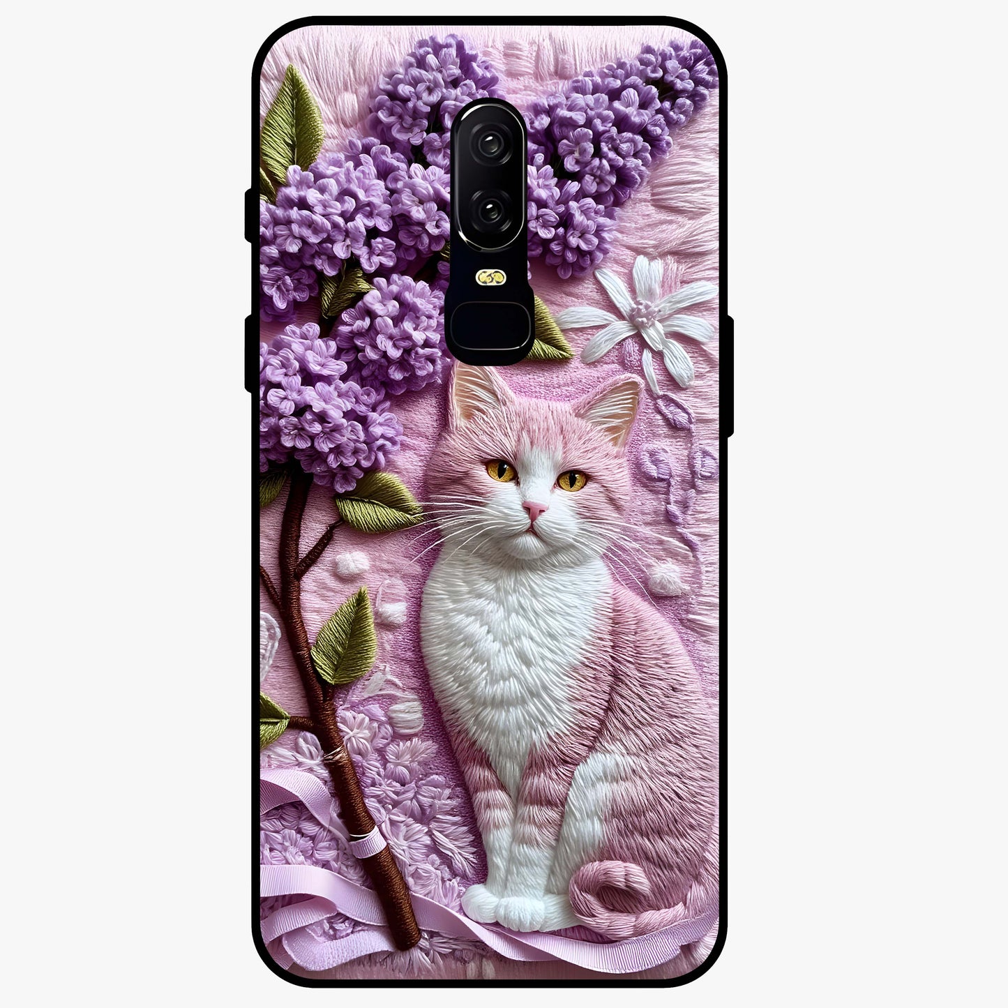 Lavender Cat Whimsy Glass Case showing flat back view with cute lavender cat artwork and glossy glass finish.