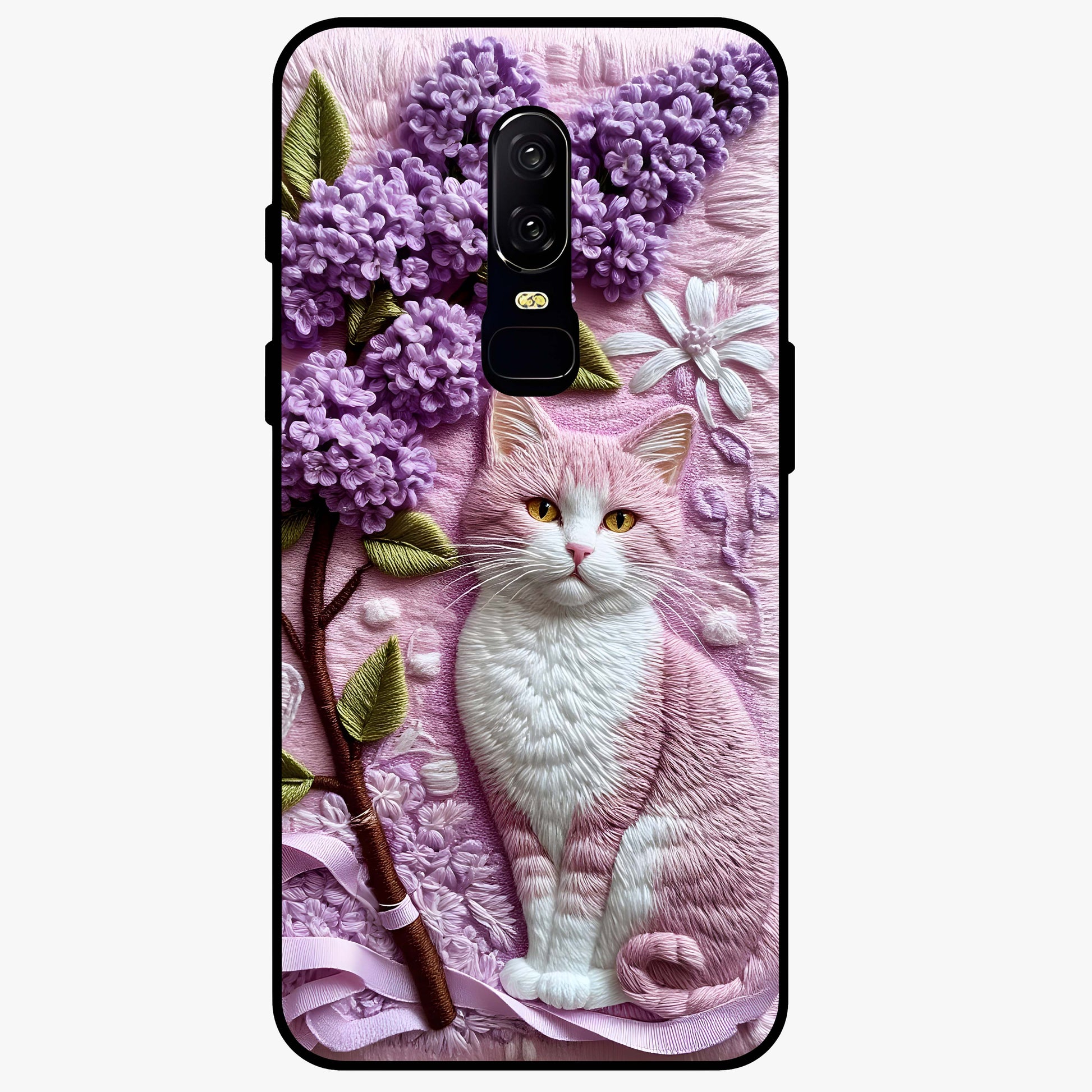 Lavender Cat Whimsy Glass Case showing flat back view with cute lavender cat artwork and glossy glass finish.
