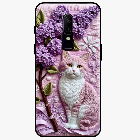 Lavender Cat Whimsy Glass Case showing flat back view with cute lavender cat artwork and glossy glass finish.