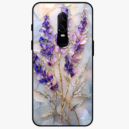 Lavender Dream Glow Glass Case showing flat back view with glowing lavender aesthetic artwork and glossy glass finish.