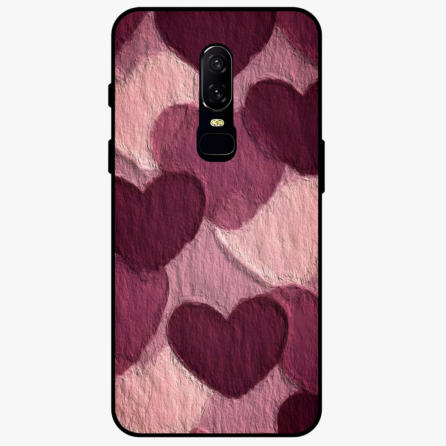 Layered Paper Hearts Glass Case showing flat back view with layered paper heart artwork and glossy glass finish.