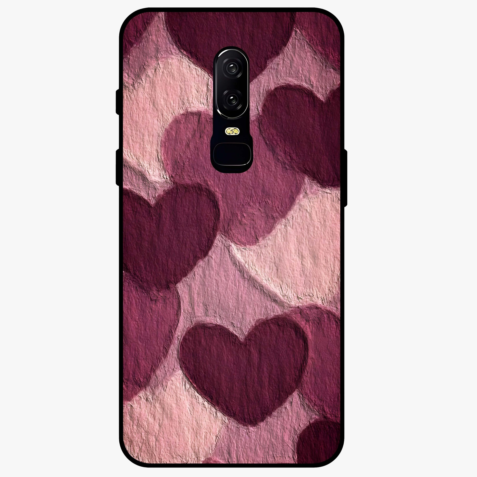 Layered Paper Hearts Glass Case showing flat back view with layered paper heart artwork and glossy glass finish.