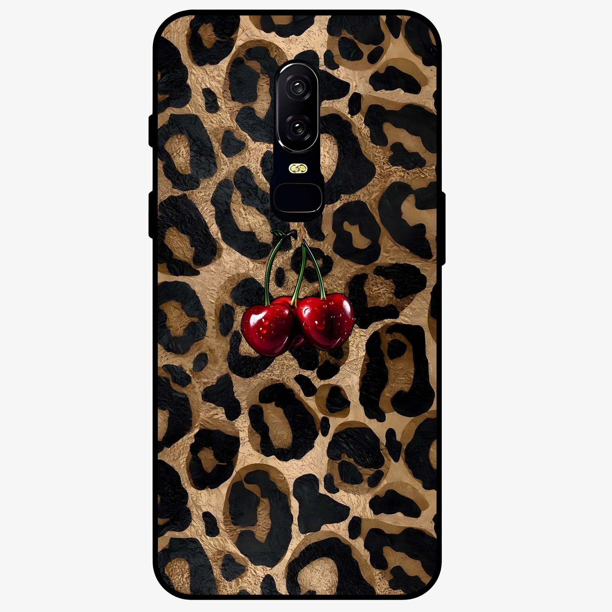 Leopard Wild Cherry Glass Case showing flat back view with leopard pattern and cherry artwork and glossy glass finish.