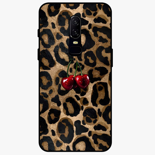 Leopard Wild Cherry Glass Case showing flat back view with leopard pattern and cherry artwork and glossy glass finish.