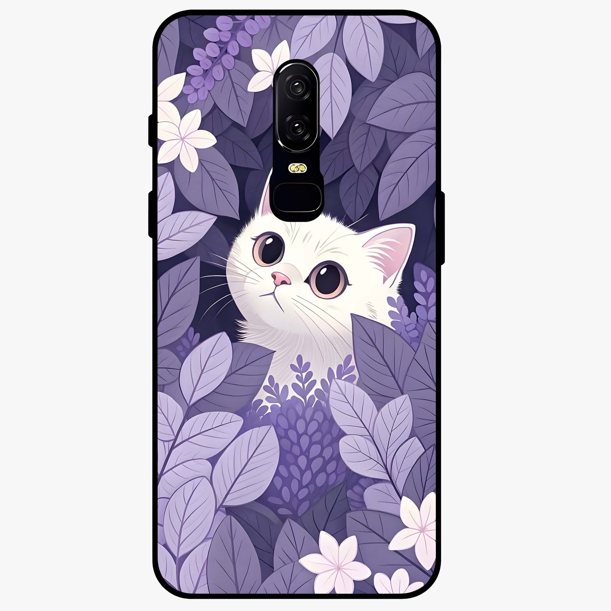 Lilac Hide Peek Cat Glass Case showing flat back view with cute peeking cat artwork and glossy glass finish.