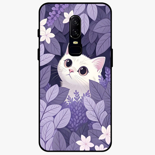Lilac Hide Peek Cat Glass Case showing flat back view with cute peeking cat artwork and glossy glass finish.