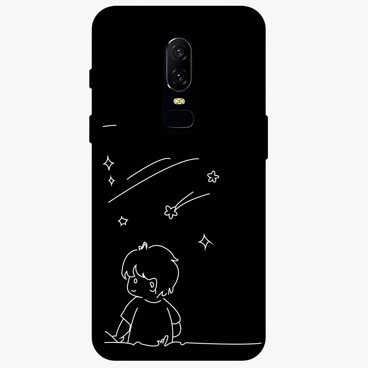 Line Art Boy With Shooting Stars Glass Case showing flat back view with minimal line art boy and shooting stars illustration and glossy glass finish.