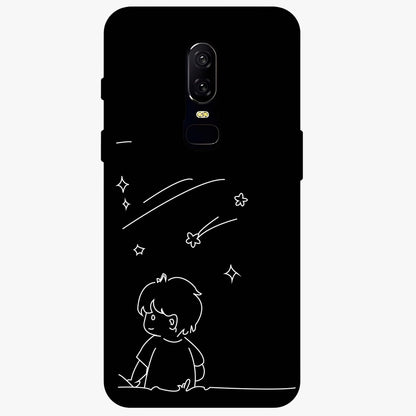 Line Art Boy With Shooting Stars Glass Case showing flat back view with minimal line art boy and shooting stars illustration and glossy glass finish.