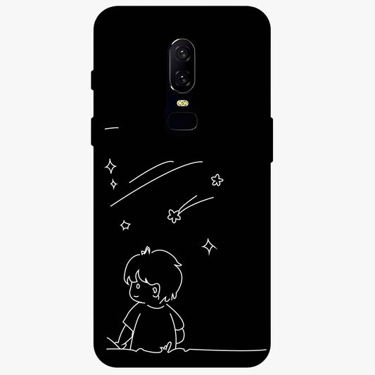 Line Art Boy With Shooting Stars Glass Case showing flat back view with minimal line art boy and shooting stars illustration and glossy glass finish.