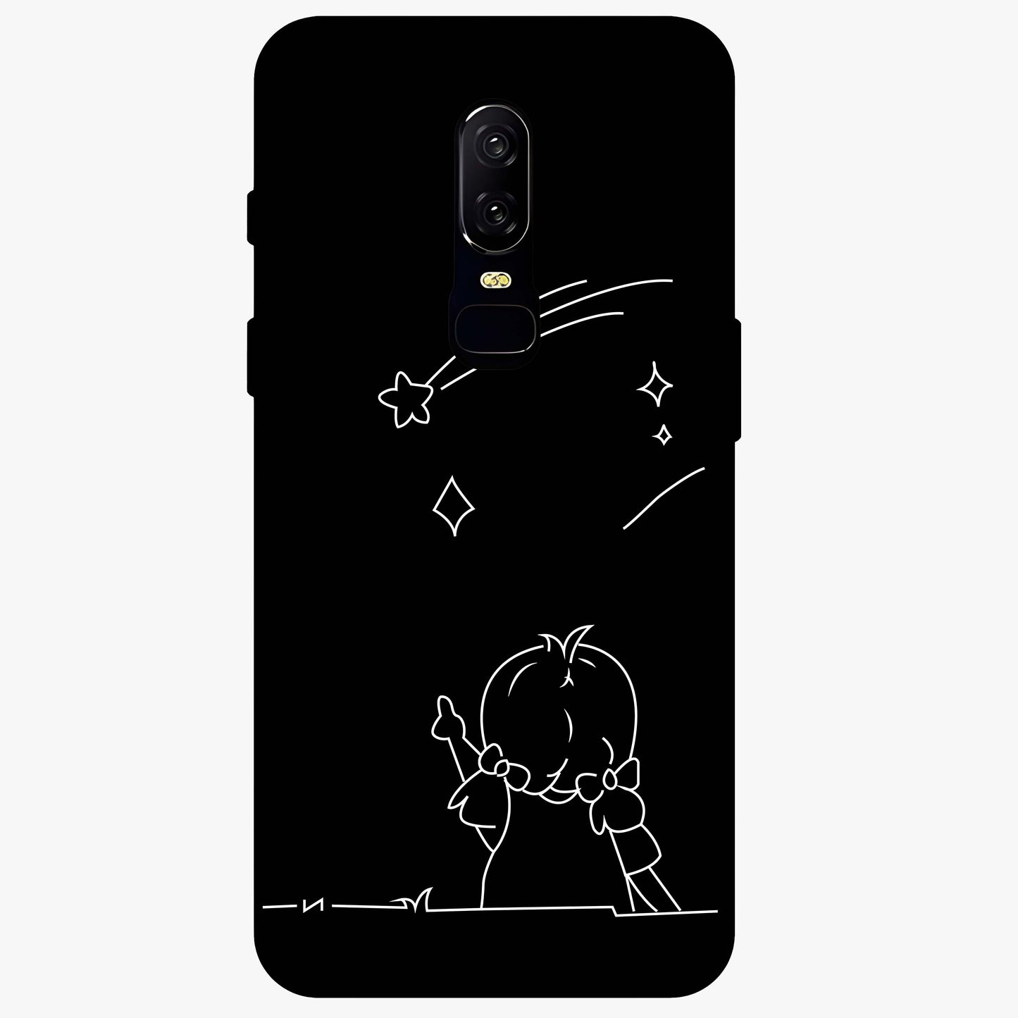 Line Art Girl With Shooting Stars Glass Case showing flat back view with minimal line art girl and shooting stars illustration and glossy glass finish.