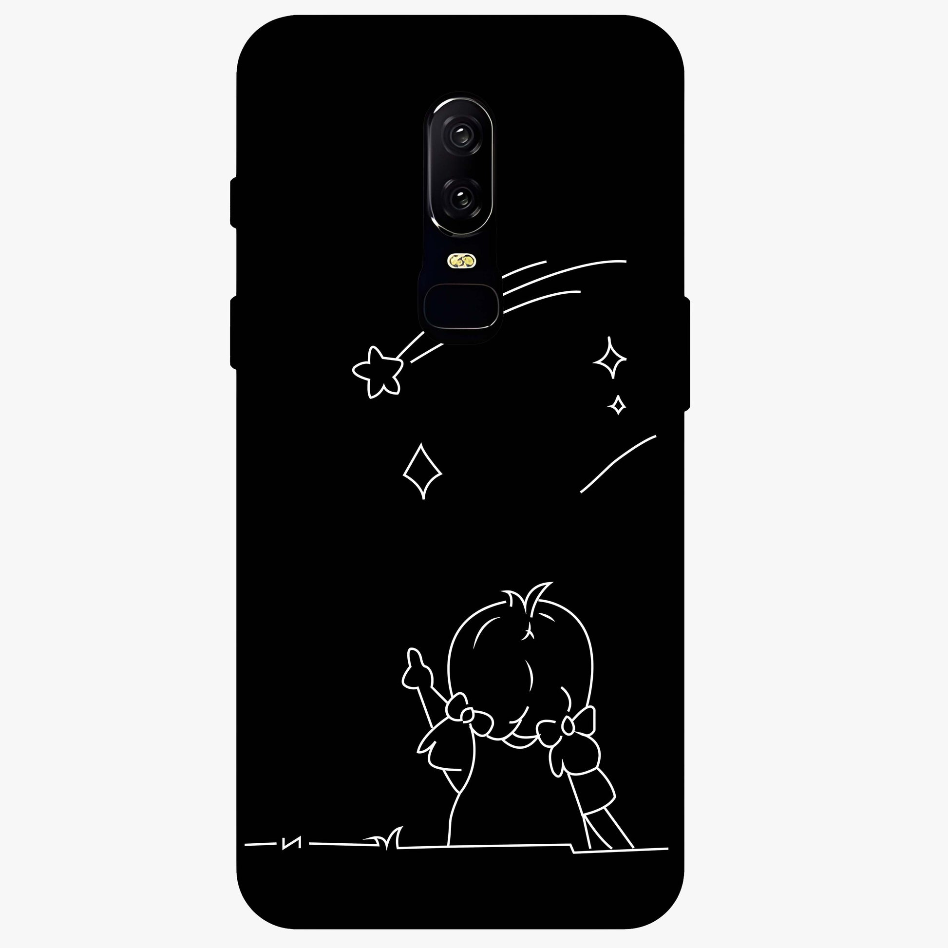 Line Art Girl With Shooting Stars Glass Case showing flat back view with minimal line art girl and shooting stars illustration and glossy glass finish.