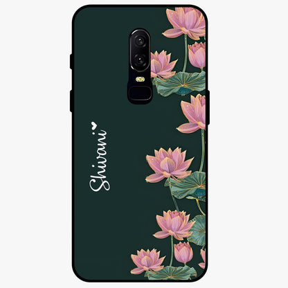 Lotus Bloom Serenity Custom Name Glass Case showing flat back view with elegant lotus flower artwork and personalized name design.