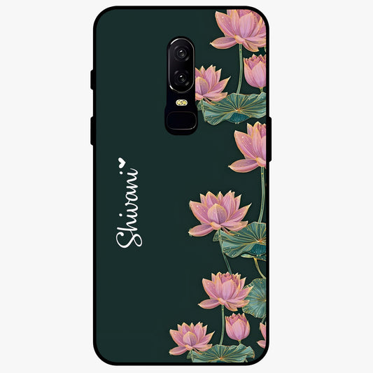 Lotus Bloom Serenity Custom Name Glass Case showing flat back view with elegant lotus flower artwork and personalized name design.