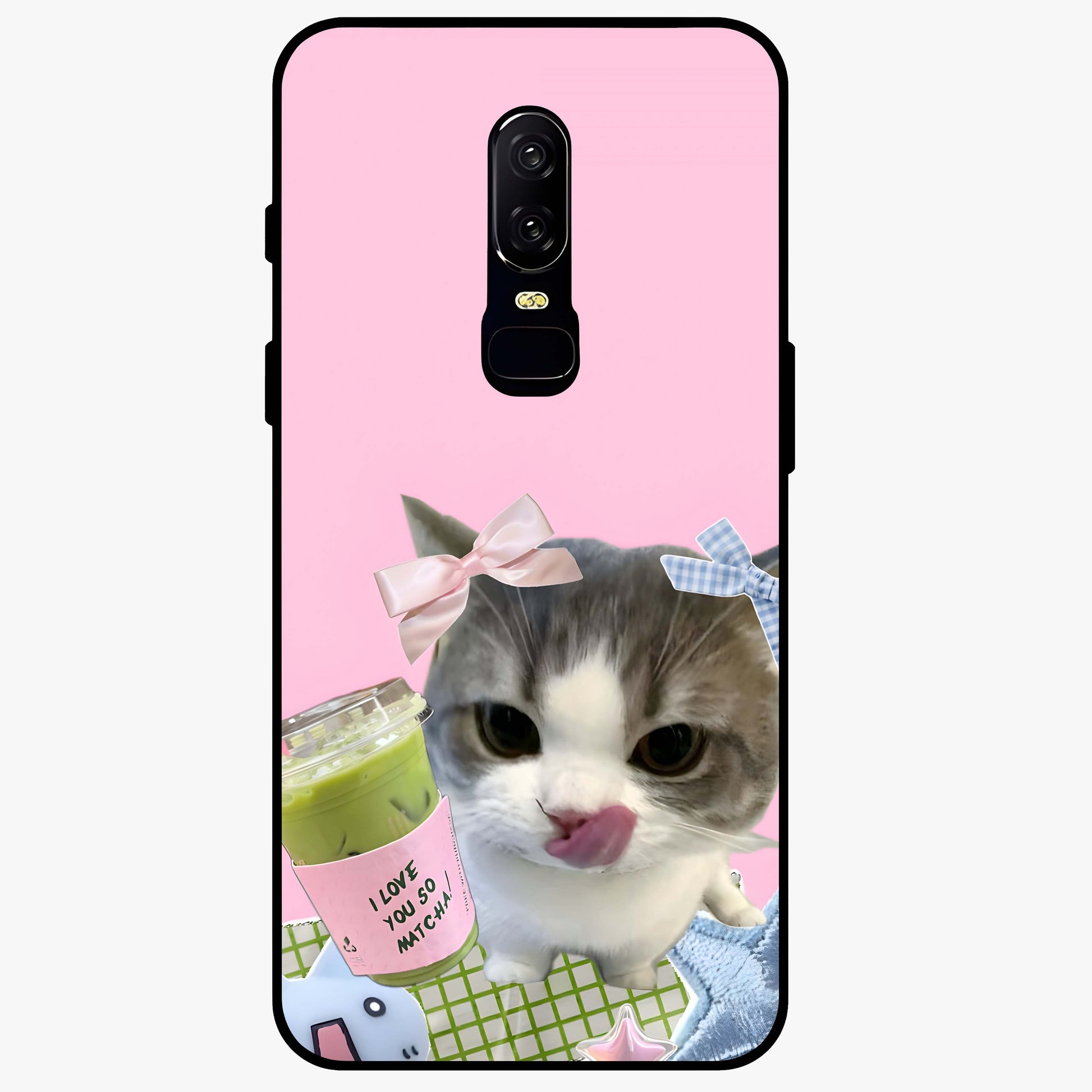 Love Matcha Cat Glass Case showing flat back view with cute cat and matcha themed artwork and glossy glass finish.