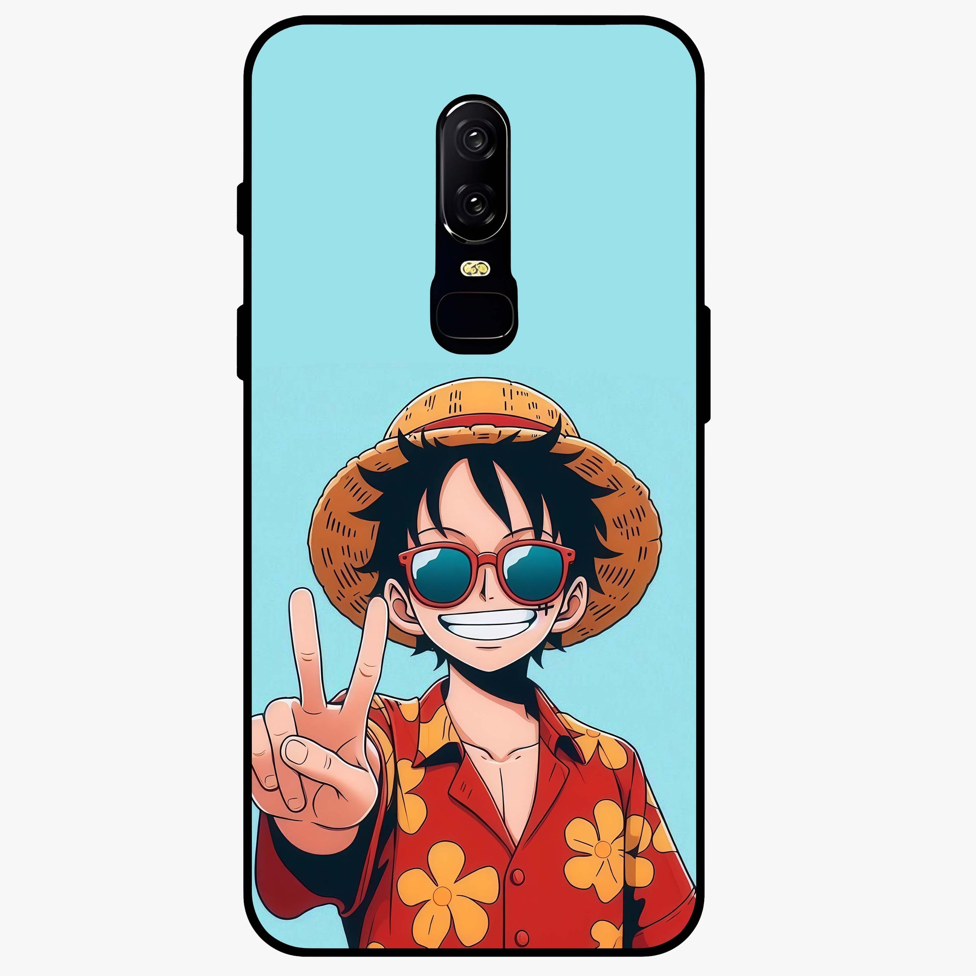 Luffy Summer Anime Vibe Glass Case showing flat back view with vibrant anime character artwork and glossy glass finish.