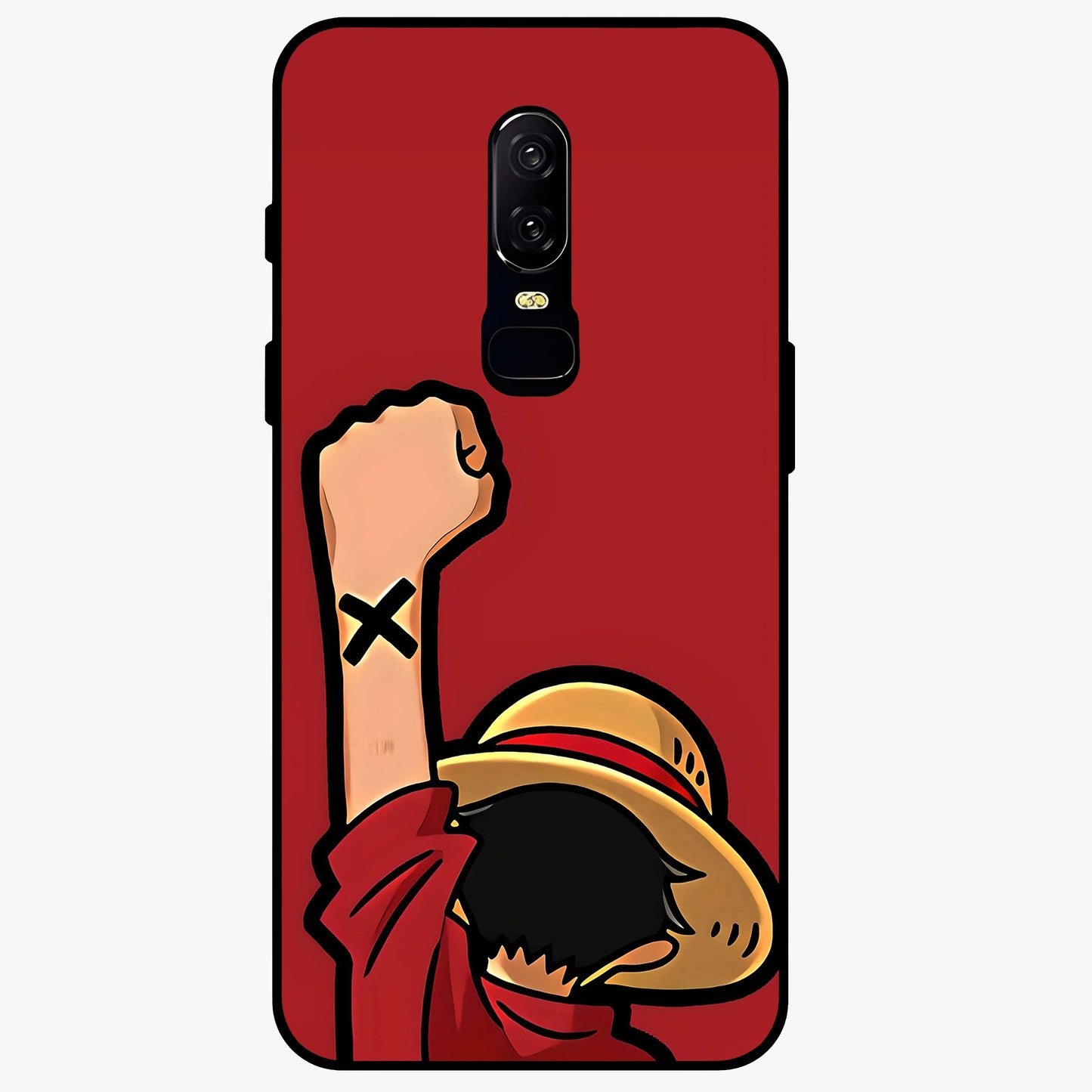 Luffy X Spirit Glass Case showing flat back view with bold anime character artwork and glossy glass finish.