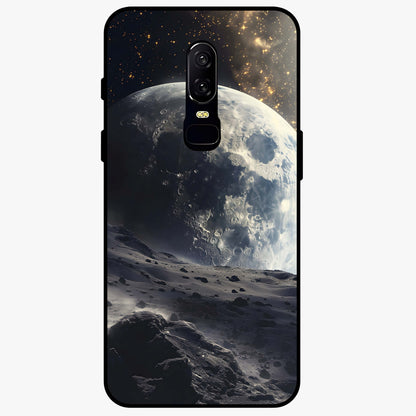 Lunar Horizon Glow Glass Case showing flat back view with glowing moon horizon artwork and glossy glass finish.