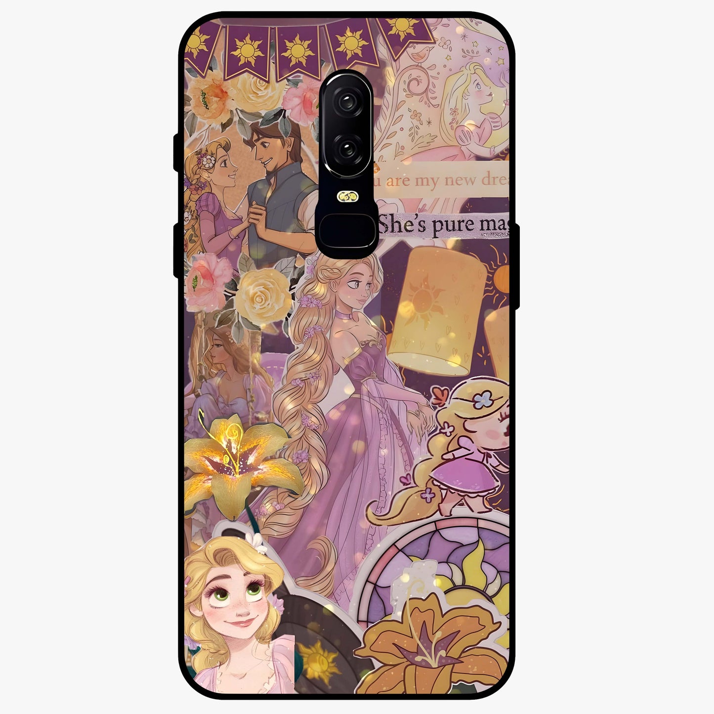 Magical Tangled Dream Glass Case showing flat back view with dreamy tangled artwork and glossy glass finish.
