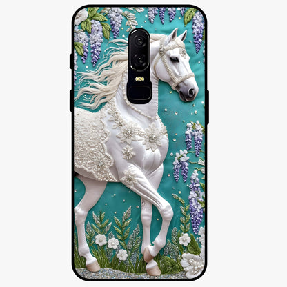 Majestic Floral Stallion Glass Case showing flat back view with powerful horse and floral artwork and glossy glass finish.