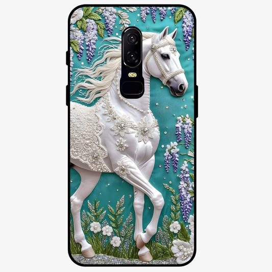 Majestic Floral Stallion Glass Case showing flat back view with powerful horse and floral artwork and glossy glass finish.