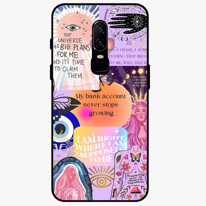 Manifestation Collage Glass Case showing flat back view with motivational collage artwork and glossy glass finish.