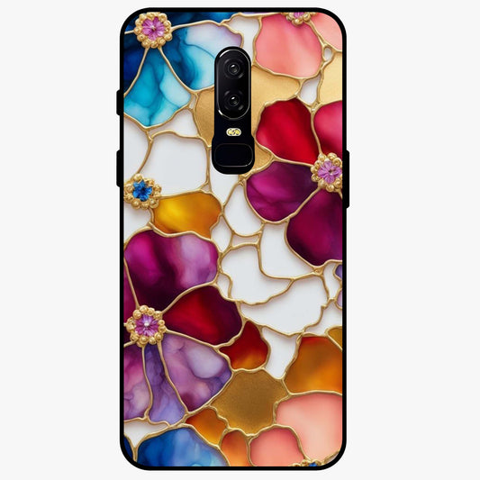 Marble Flower Pattern Glass Case showing flat back view with marble texture floral artwork and glossy glass finish.