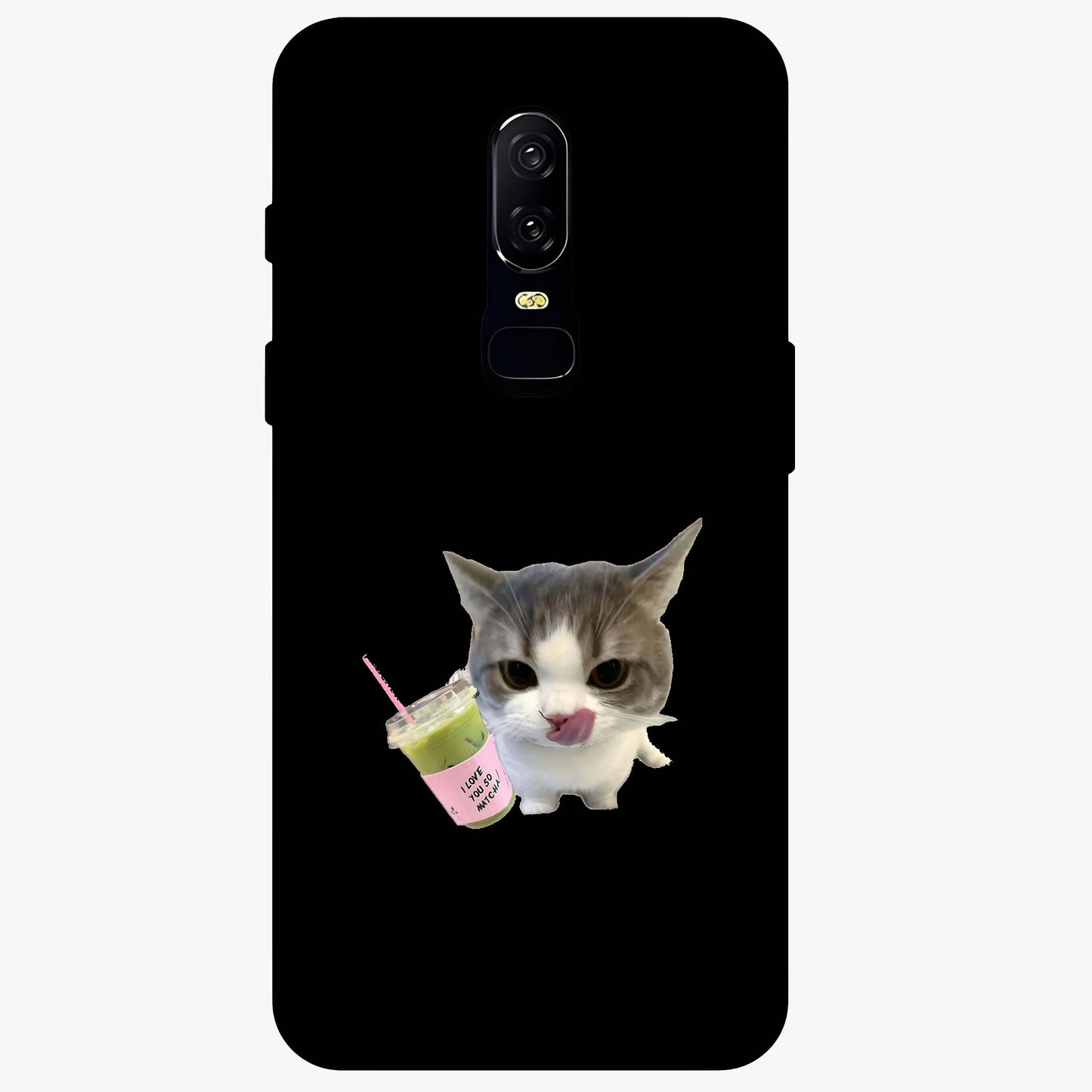 Matcha Cat Style Glass Case showing flat back view with cute matcha themed cat artwork and glossy glass finish.