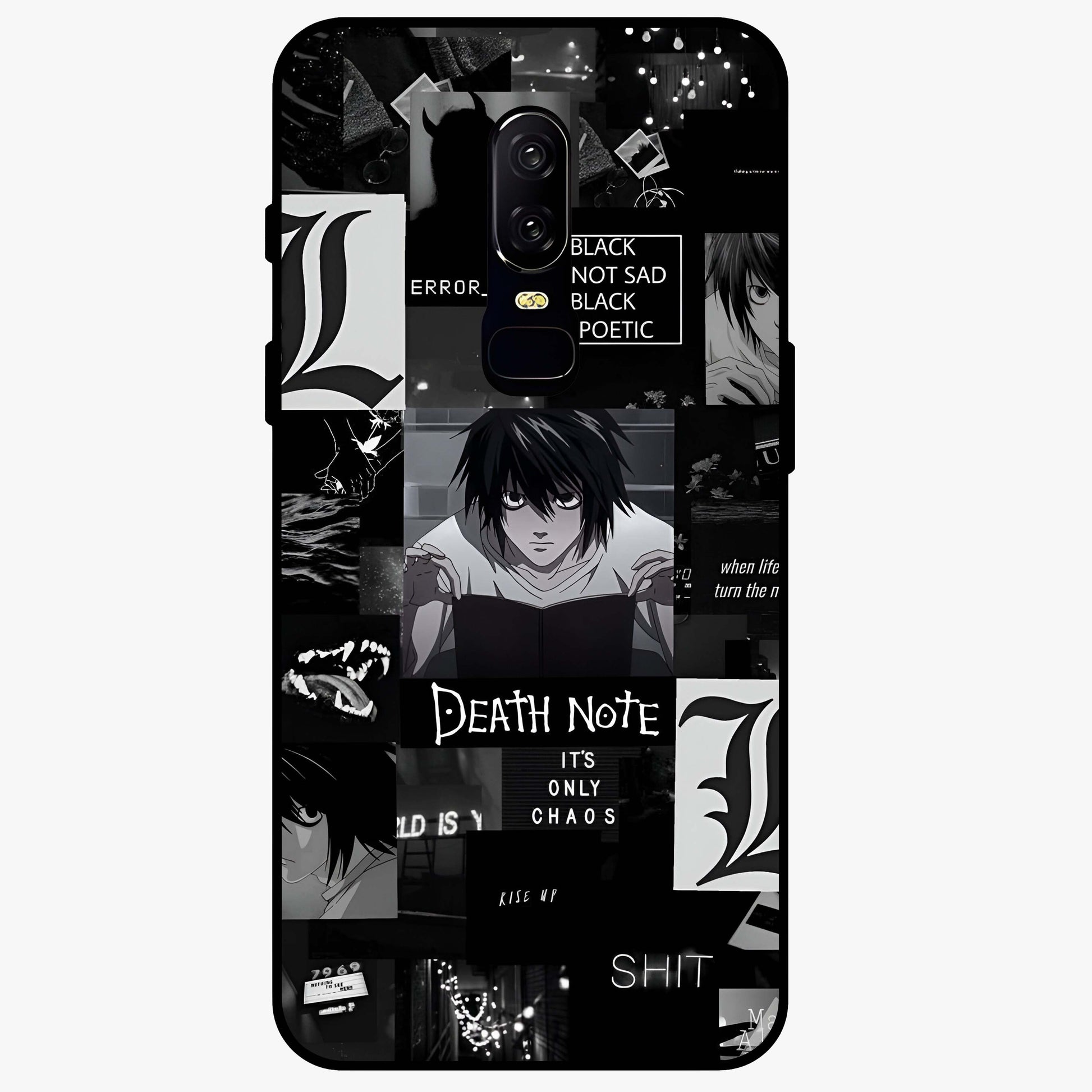 Midnight Chaos Mind Glass Case showing flat back view with abstract dark themed artwork and glossy glass finish.