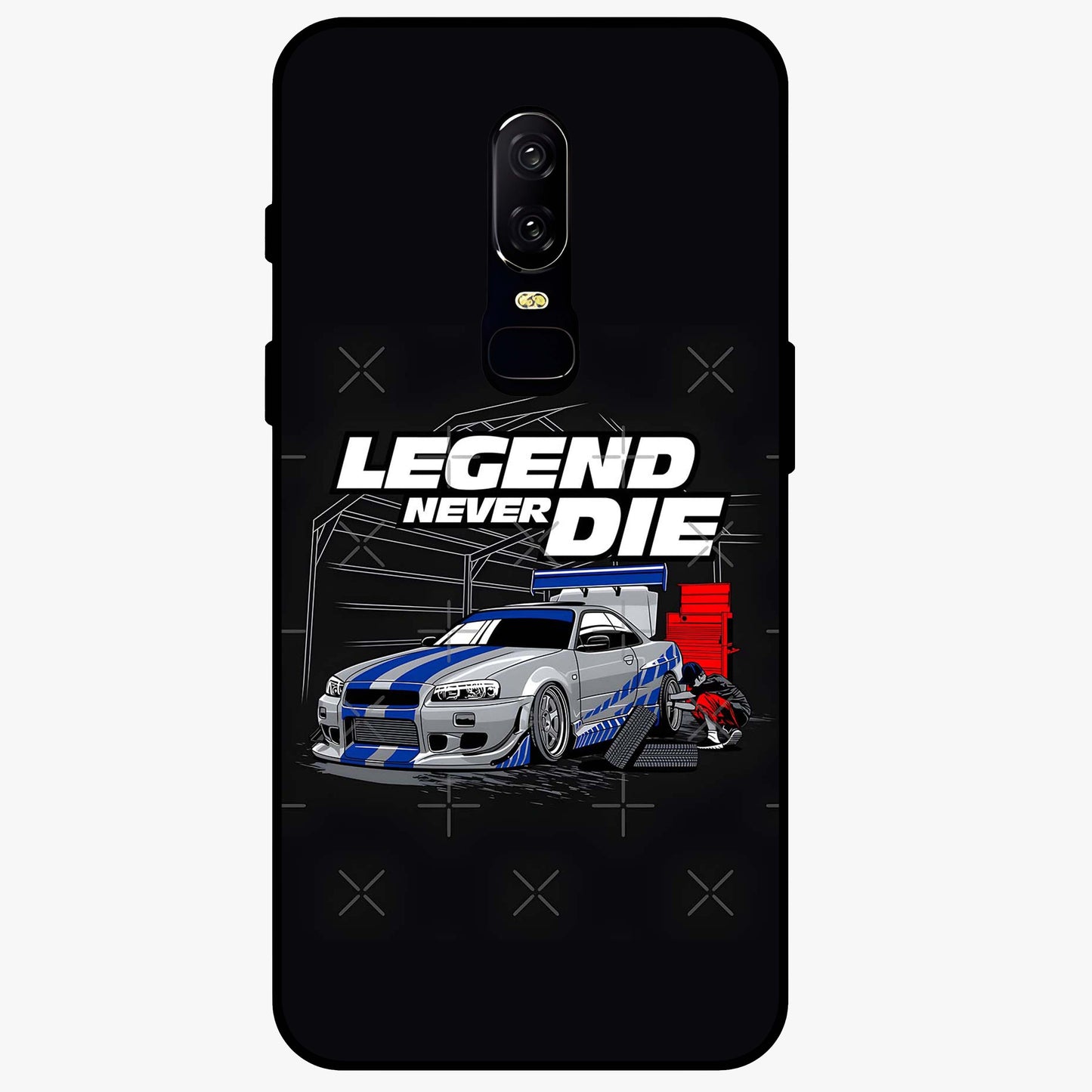 Midnight Racing Legacy Glass Case showing flat back view with sleek racing inspired artwork and glossy glass finish.