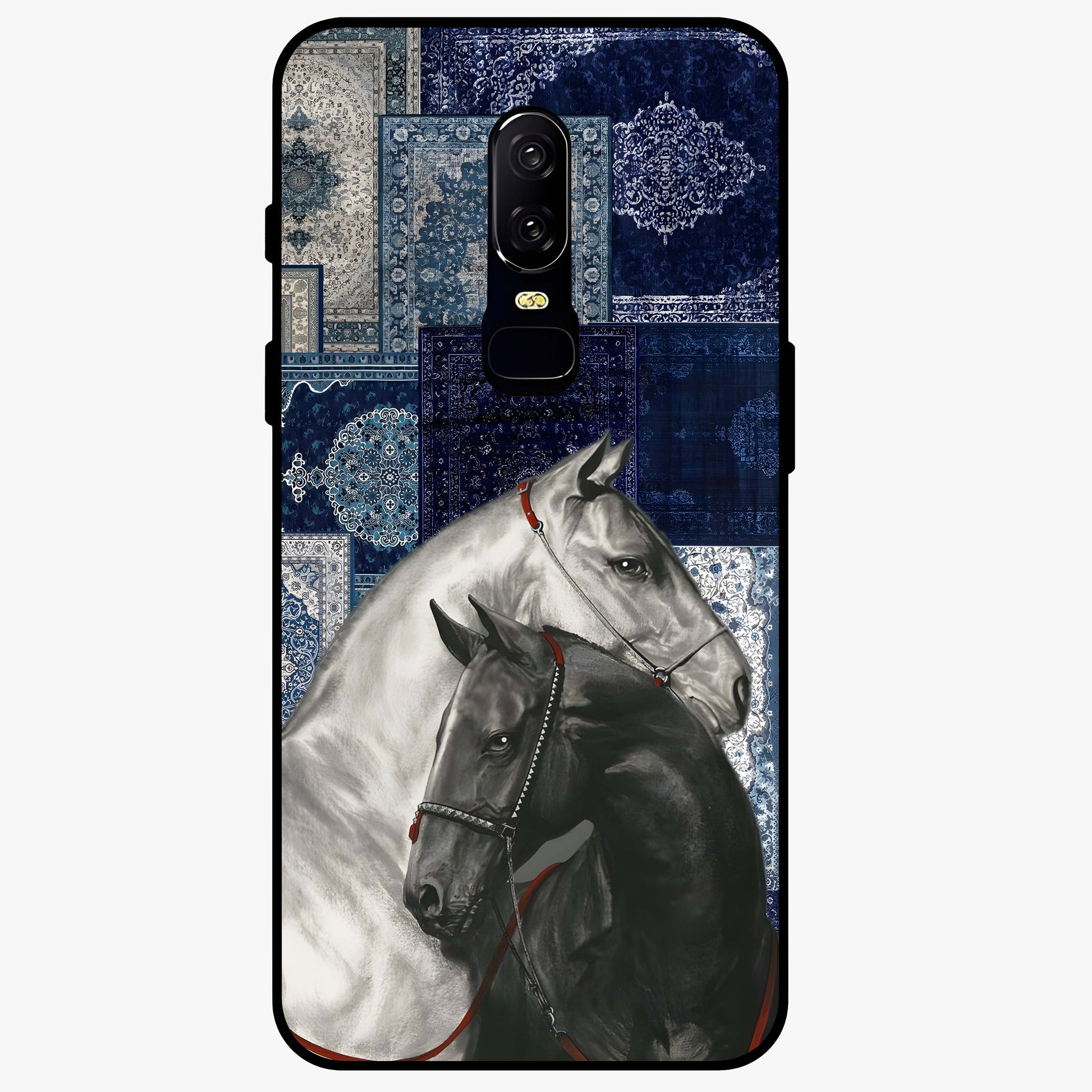 Midnight Stallion Blues Glass Case showing flat back view with majestic horse artwork and glossy glass finish.