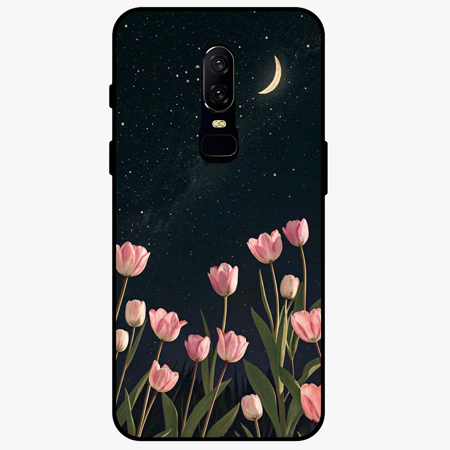 Midnight Tulip Whispers Vibe Glass Case showing flat back view with elegant tulip flower artwork and glossy glass finish.
