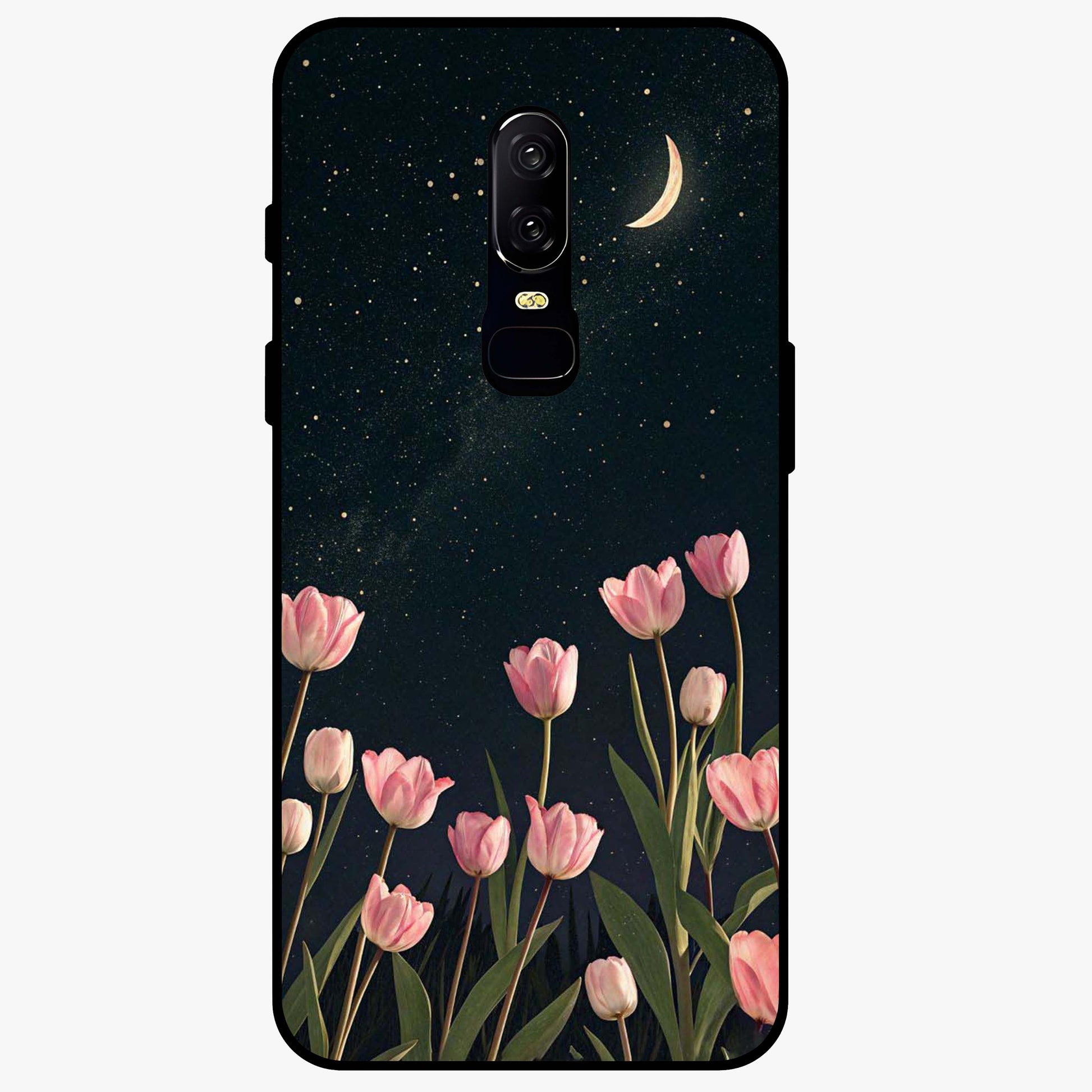 Midnight Tulip Whispers Vibe Glass Case showing flat back view with elegant tulip flower artwork and glossy glass finish.
