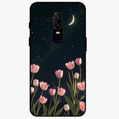 Midnight Tulip Whispers Vibe Glass Case showing flat back view with elegant tulip flower artwork and glossy glass finish.