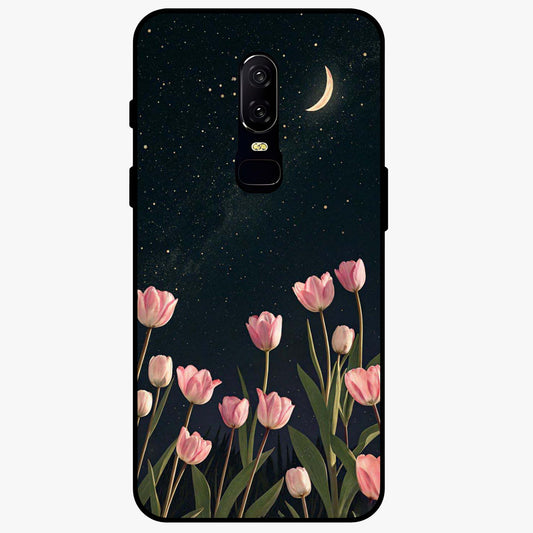 Midnight Tulip Whispers Vibe Glass Case showing flat back view with elegant tulip flower artwork and glossy glass finish.