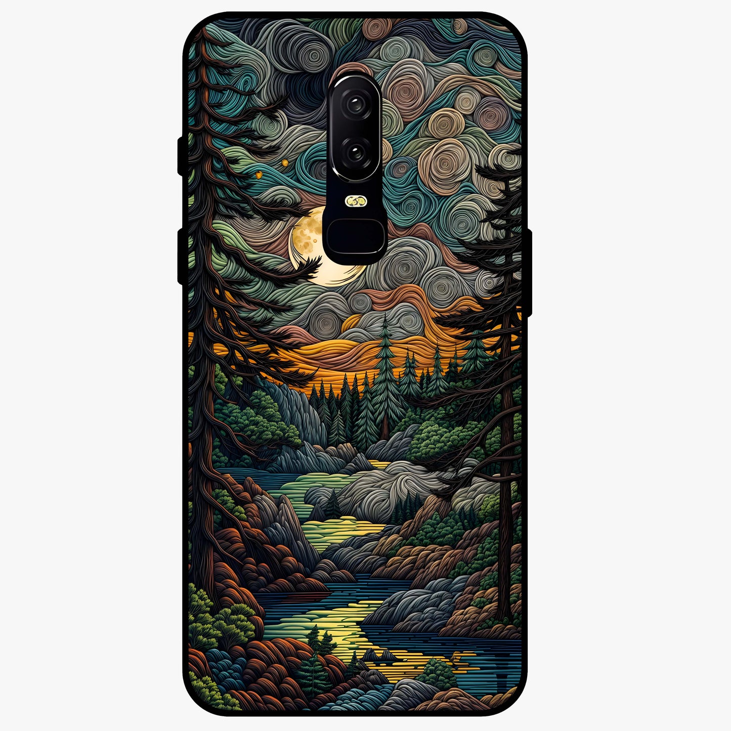 Moonlight Forest Dream Glass Case showing flat back view with mystical forest moonlight artwork and glossy glass finish.