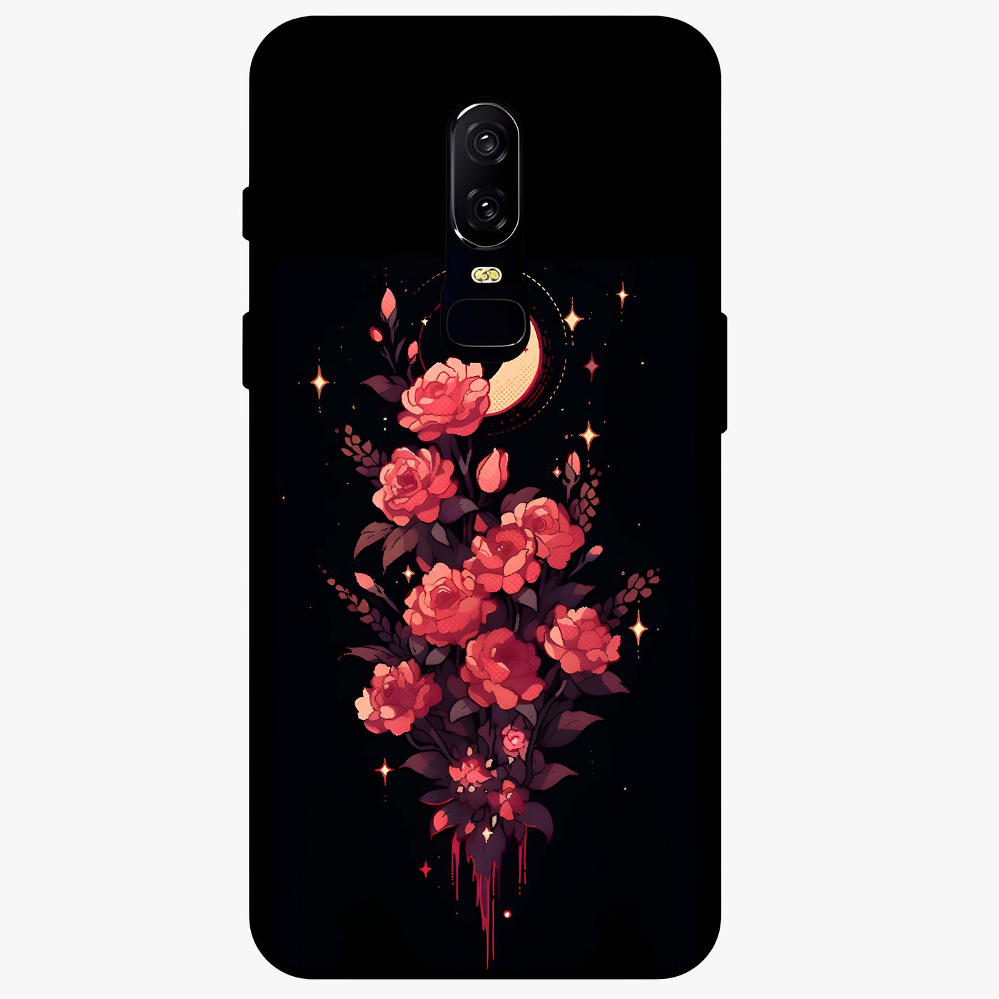 Moonlit Floral Elegance Glass Case showing flat back view with elegant floral artwork under moonlit tones and glossy glass finish.