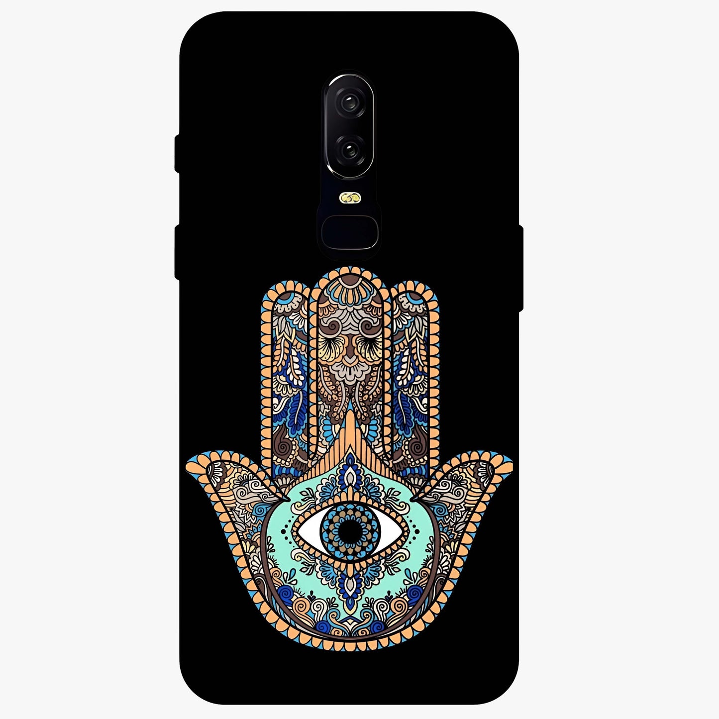 Mystic Hamsa Eye Glass Case showing flat back view with protective hamsa hand and evil eye artwork and glossy glass finish.