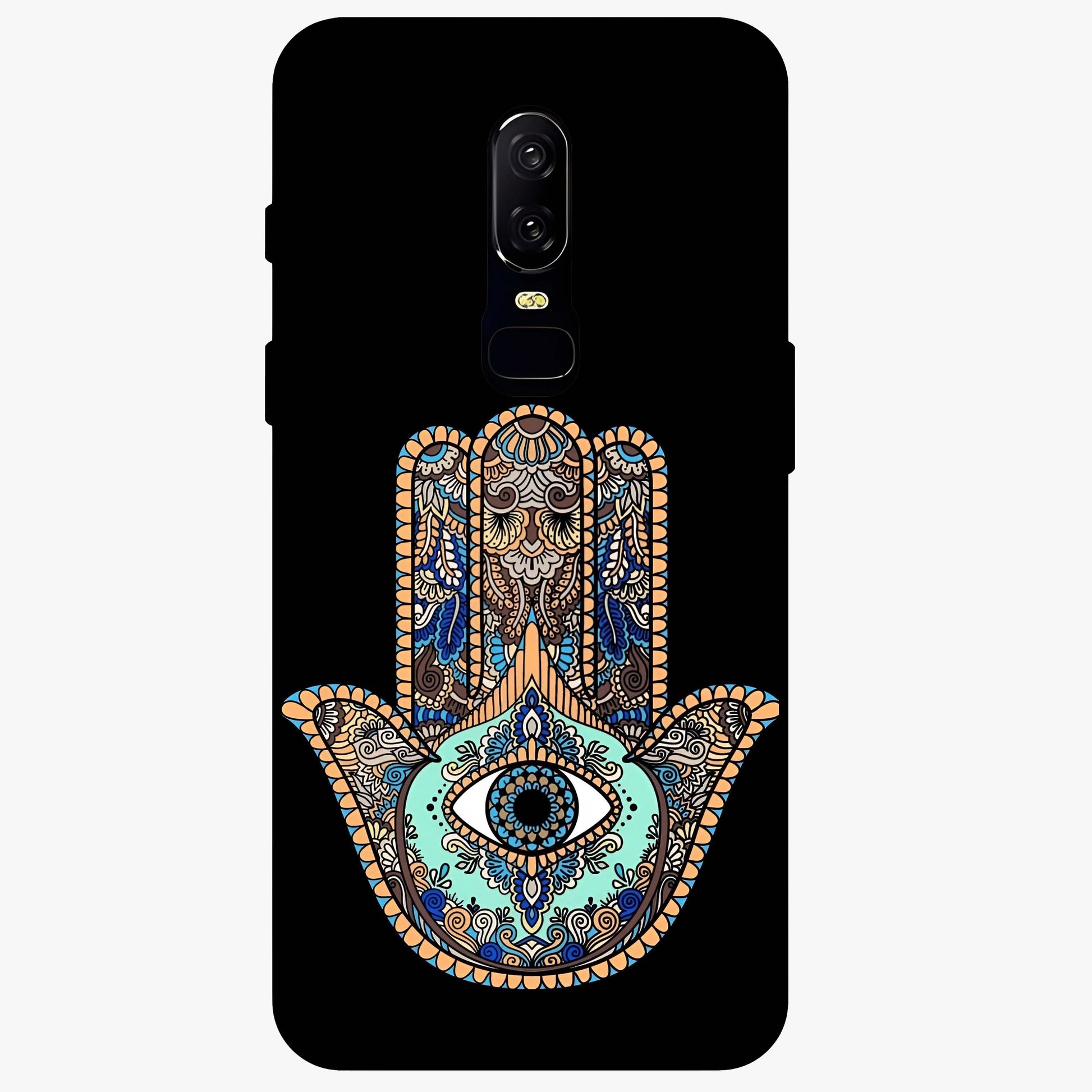Mystic Hamsa Eye Glass Case showing flat back view with protective hamsa hand and evil eye artwork and glossy glass finish.