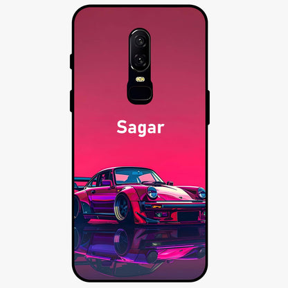Neon Pink Porsche Glass Case showing flat back view with stylish sports car artwork and glossy glass finish.