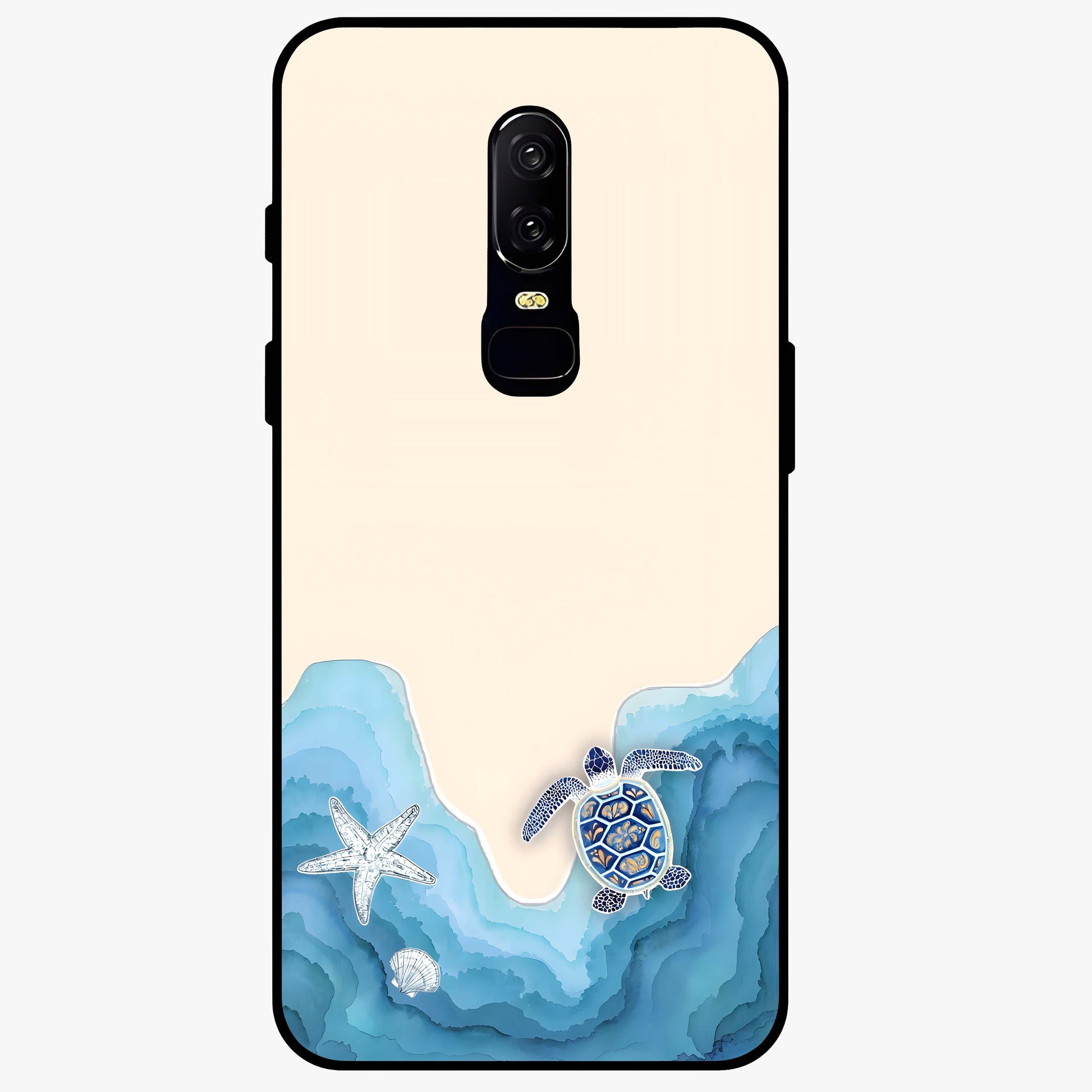 Ocean Drift Turtle Glass Case showing flat back view with sea turtle artwork and glossy glass finish.