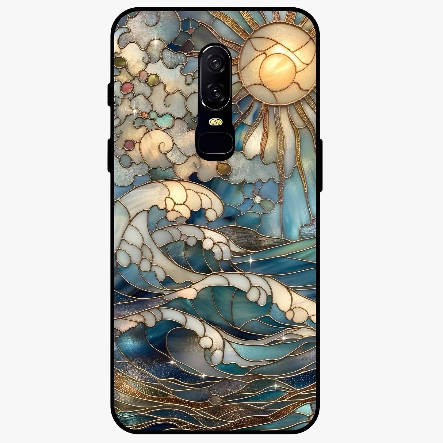 Oceanic Stained Printed Glass Case showing flat back view with ocean inspired stained pattern artwork and glossy glass finish.