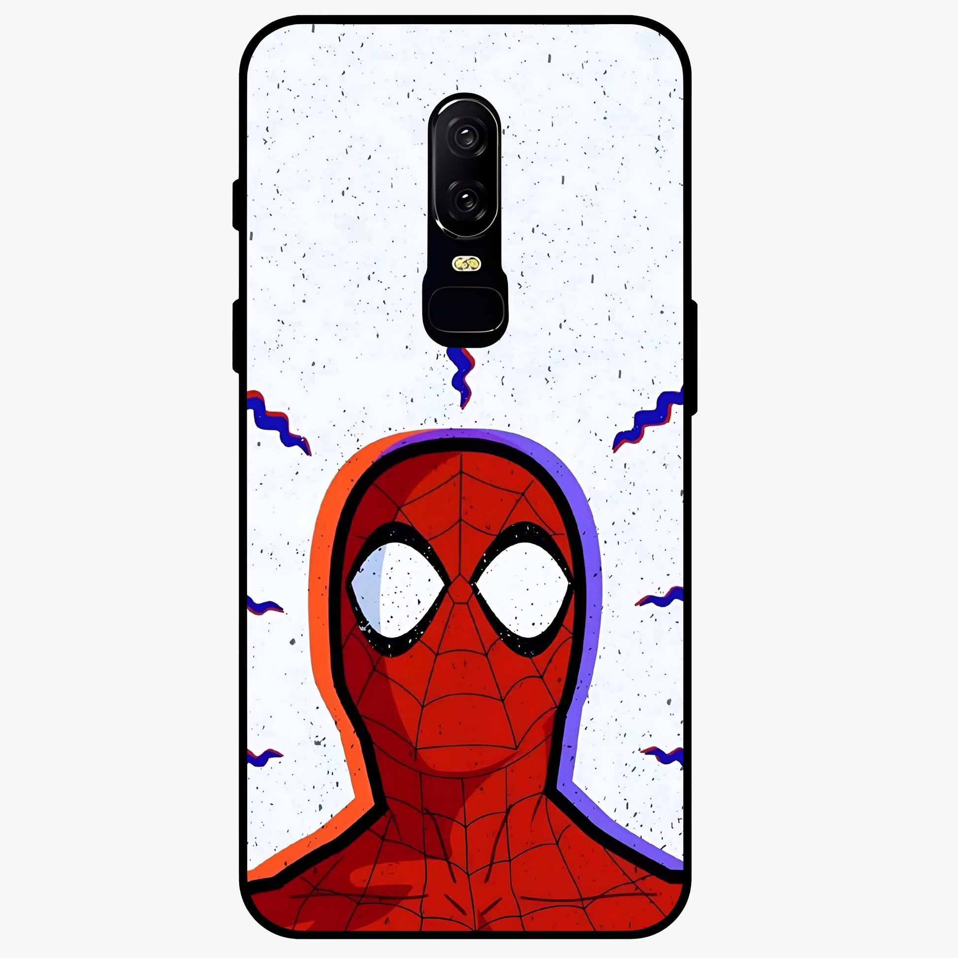 Omg Spiderman Glass Case showing flat back view with bold superhero inspired artwork and glossy glass finish.