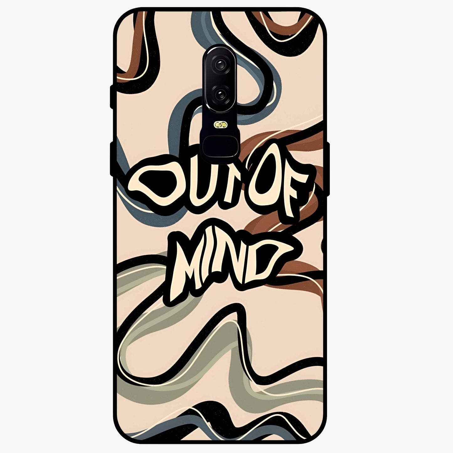 Out Of Mind Glass Case showing flat back view with expressive typography artwork and glossy glass finish.