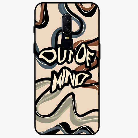 Out Of Mind Glass Case showing flat back view with expressive typography artwork and glossy glass finish.