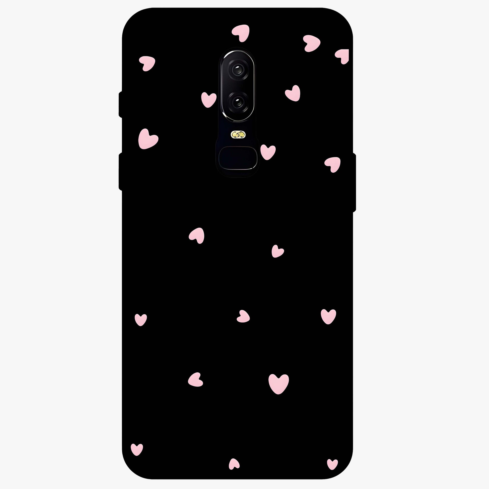 Pink Love Drops Glass Case showing flat back view with playful pink heart drops artwork and glossy glass finish.