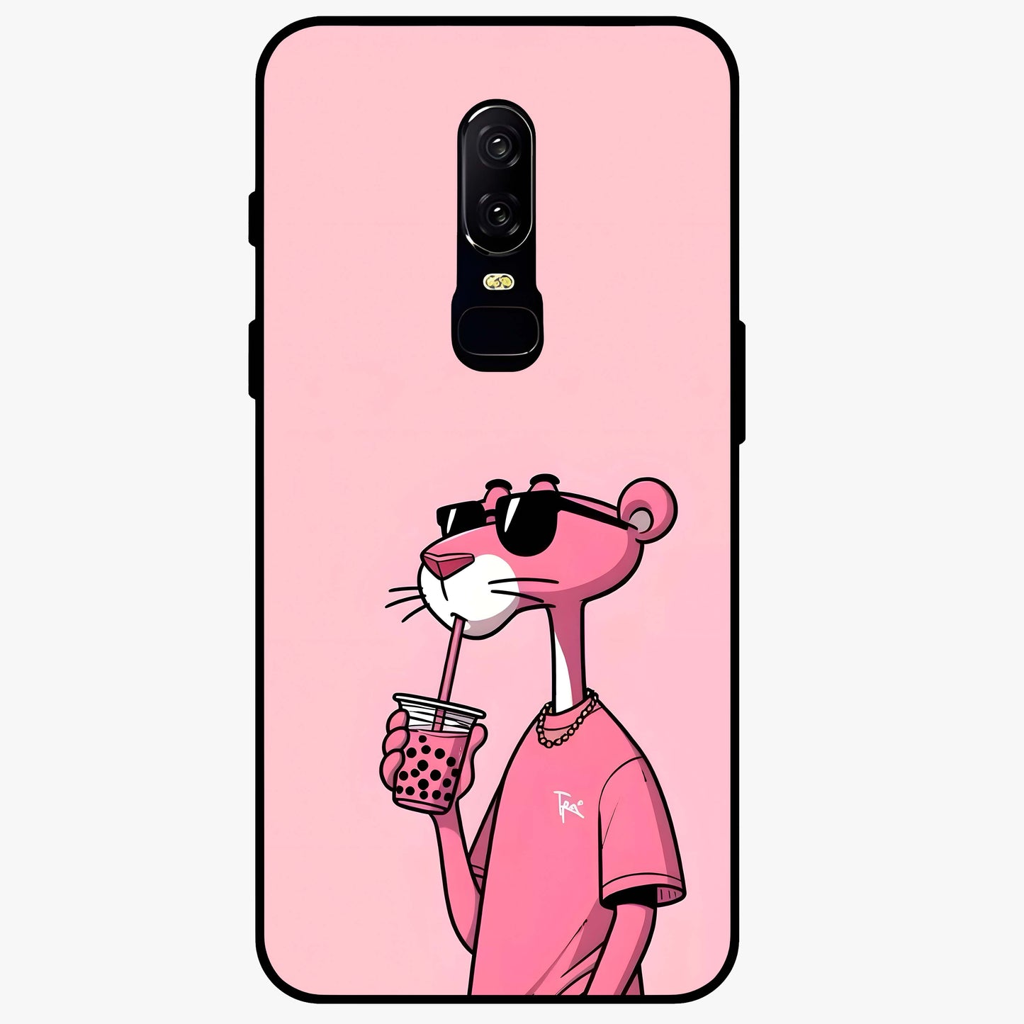 Pink Panther Glass Case showing flat back view with iconic pink panther artwork and glossy glass finish.