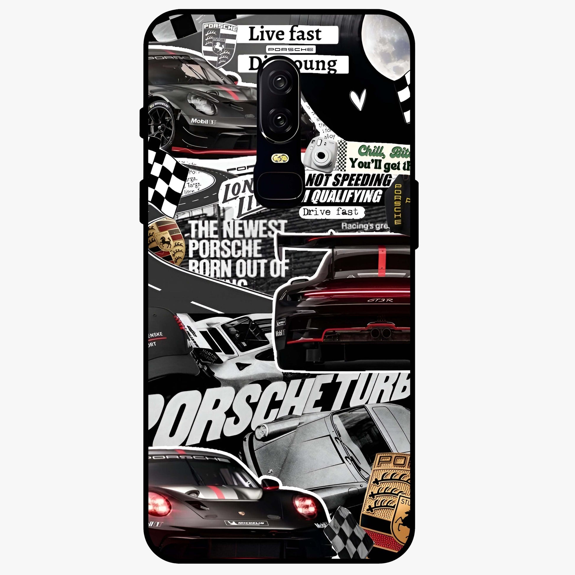 Porsche Racing Collage Glass Case showing flat back view with sports car racing collage artwork and glossy glass finish.