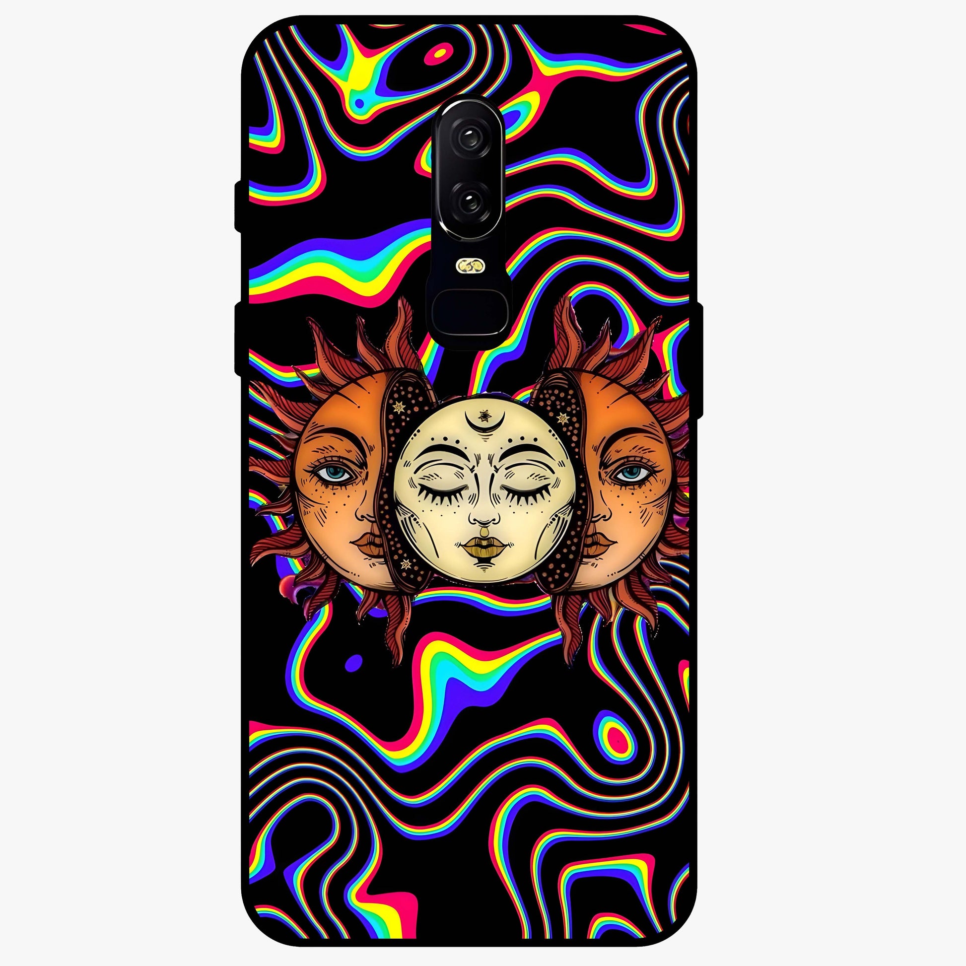Psychedelic Sun Glass Case showing flat back view with colorful psychedelic sun artwork and glossy glass finish.