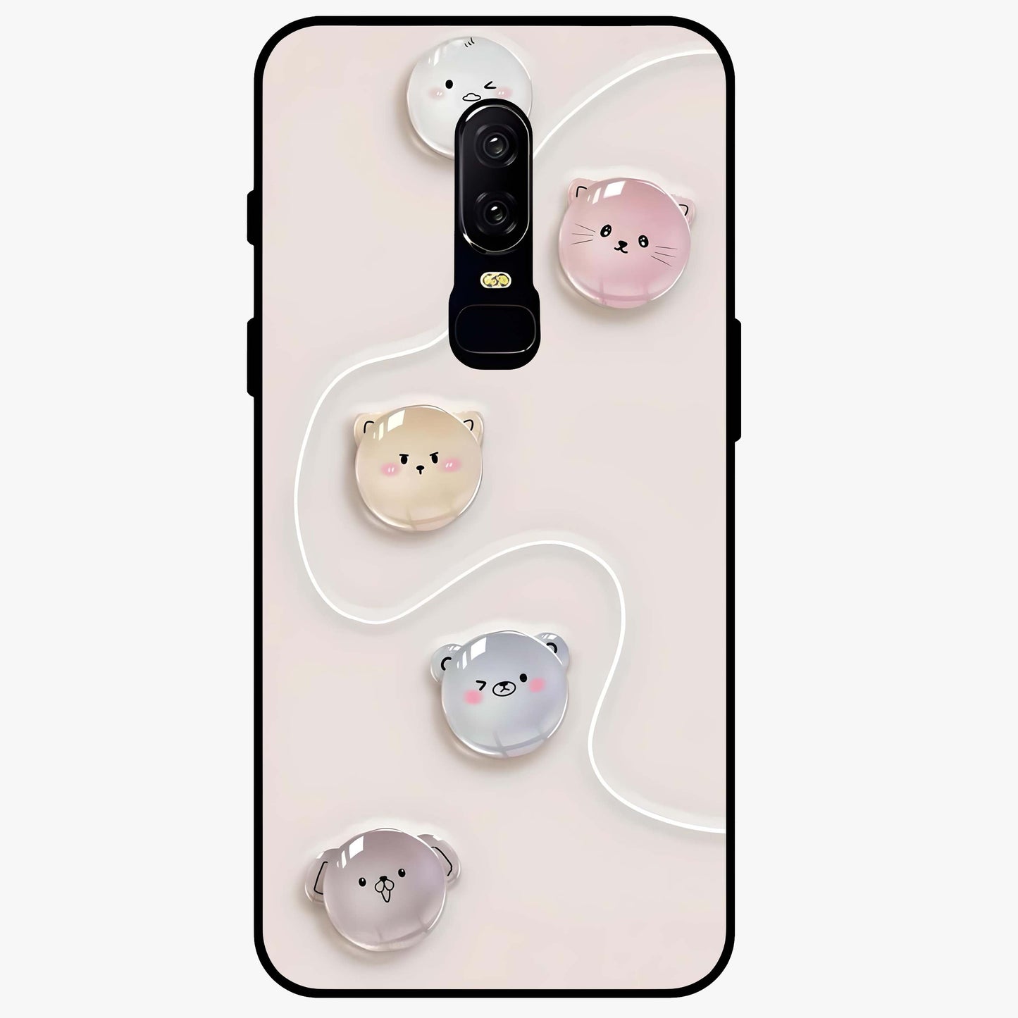 Puffy Face Parade Glass Case showing flat back view with cute puffy character faces artwork and glossy glass finish.