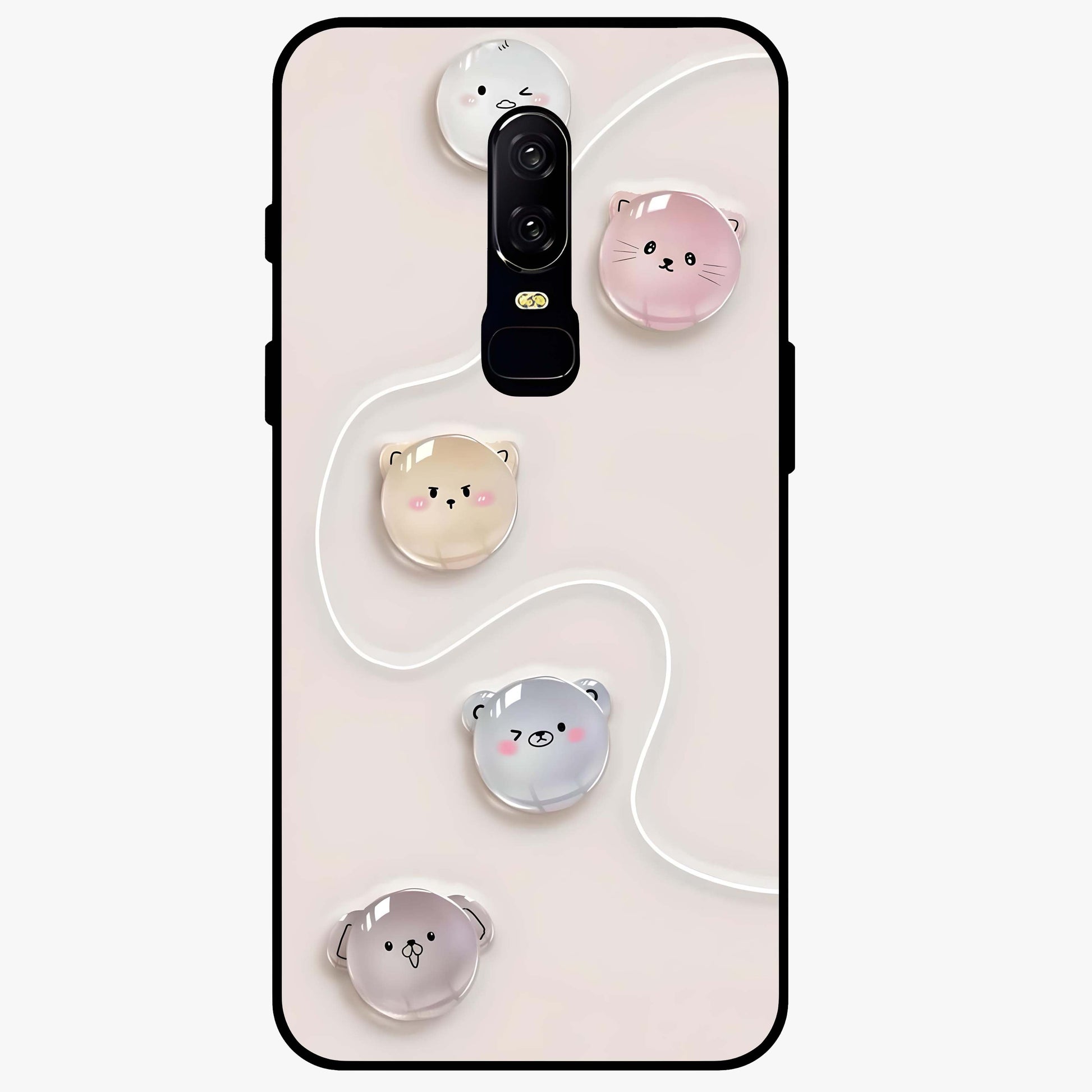 Puffy Face Parade Glass Case showing flat back view with cute puffy character faces artwork and glossy glass finish.